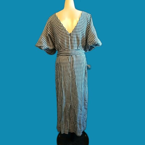 Zara Belted Houndstooth Midi Dress Pouf Sleeves L Academia Preppy Old Money - Picture 3 of 6